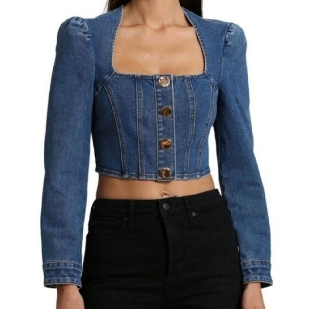 Avec Les Filles Denim Jean Jacket Top Puff Shoulder‎ Snap Cowgirl Chic Size M